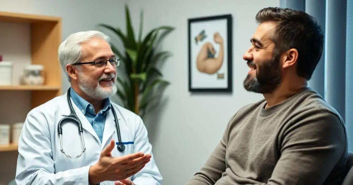 This image depicts a medical consultation between a doctor and a patient. The doctor, wearing a white coat and a stethoscope around the neck, is engaged in a discussion with the patient, who is seated and listening attentively. The setting appears to be a doctor’s office, with a framed anatomical illustration of a muscular arm on the wall and a plant in the background. The scene is indicative of a professional healthcare environment, highlighting the importance of communication and trust in the doctor-patient relationship. This image is relevant as it underscores the significance of medical consultations in diagnosing and treating health issues.
