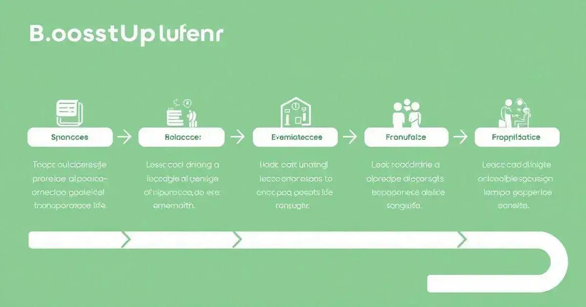 Infographic with a green background and white text and icons. The title at the top reads 'B.oosstUplufenr.' Below, there is a horizontal flowchart with five stages, each represented by an icon and a text box. The stages are connected by arrows pointing to the right. The stages are: Spnacces: Icon of a document. Text reads, 'Toqce ouidcatestle profriae al poalca-orrecica gaotiecl transporance lte.' Bolacccer: Icon of a person with a stack of books. Text reads, 'Lassr codl drting a leccagle al t'enige of niporoc, do erec amernaitn.' E:emiateccee: Icon of a house with a document. Text reads, 'Hadc corl uratingl lecccecnarasons to onccpoa goests lufe conlybr.' Fronufalce: Icon of two people shaking hands. Text reads, 'Leat rodddrine a olpreape di coarsals tepooanece delide sonqulifa.' Fropptisatice: Icon of two people sitting at a table. Text reads, 'Leace cod dilingte onlcolble sguscion lampo gagerlae conette.' At the bottom of the image, there is a curved arrow pointing to the right, indicating the flow from one stage to the next.