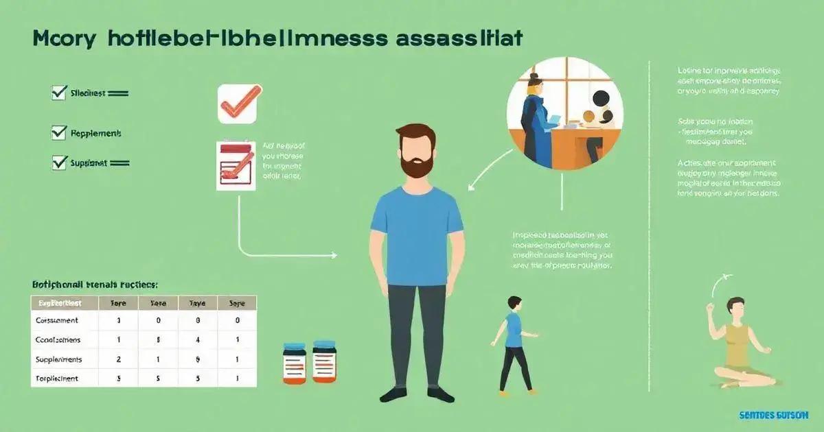 Infographic titled 'Mcory hotilebot libhellmness assasiliat' on a green background, discussing health and wellness. On the left, a checklist with three items labeled 'Sliceitnest,' 'Reppllements,' and 'Supspinot,' all marked with green checkmarks. Below, a warning icon with text: 'Not helping! You increase tri, ungnent affoirs tests,' accompanied by an arrow leading to the central figure. In the center, an illustration of a man in a blue shirt and black pants, representing the main subject. Below, a table titled 'Botithonail thranal ruetics,' listing various categories like 'Consisument,' 'Cooolafements,' 'Supspilements,' and 'Topictisifirment' with scores in columns. Two bottles of supplements are illustrated beneath the table. On the right, an image of a seated woman reading at a table with text encouraging better mental health practices, such as mindfulness and setting boundaries. At the bottom right, a yoga pose illustration encourages relaxation and body awareness. Overall, the infographic uses visual elements and text to promote health, self-awareness, and stress management.