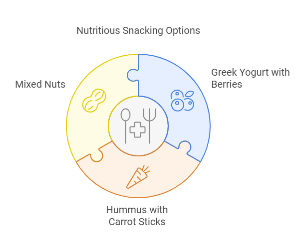 A circular diagram titled 'Nutritious Snacking Options' divided into three colored sections. The yellow section on the left represents 'Mixed Nuts' with an icon of a peanut. The blue section on the top right represents 'Greek Yogurt with Berries' with an icon of berries. The orange section on the bottom right represents 'Hummus with Carrot Sticks' with an icon of a carrot. The center of the circle features an icon of a spoon, fork, and a medical cross.