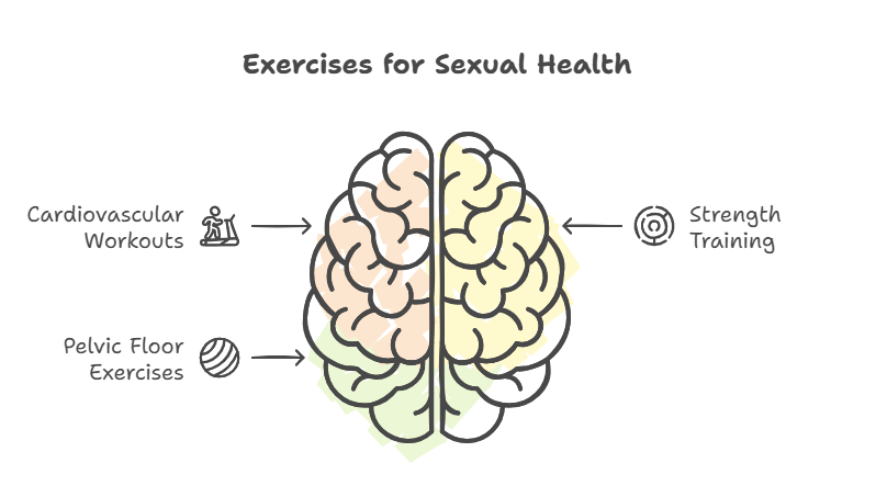 An illustration titled 'Exercises for Sexual Health' showing a brain divided into two halves. The left side of the brain is connected to icons representing 'Cardiovascular Workouts' and 'Pelvic Floor Exercises,' while the right side is connected to an icon representing 'Strength Training.' The image suggests that these types of exercises are beneficial for sexual health.