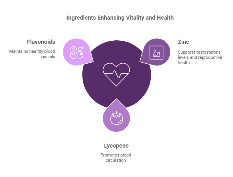 Does BoostUp Work. Diagram titled 'Ingredients Enhancing Vitality and Health' with three main ingredients: Flavonoids (maintains healthy blood vessels) represented by a berry icon, Zinc (supports testosterone levels and reproductive health) represented by a chemical element icon, and Lycopene (promotes blood circulation) represented by a tomato icon. A heart icon with a heartbeat line is at the center.