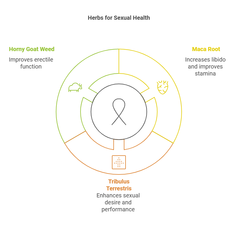 "Illustration titled 'Herbs for Sexual Health' featuring a circular diagram divided into three sections. The top-left section highlights 'Horny Goat Weed' in green, with text stating 'Improves erectile function' and an icon of a goat. The top-right section shows 'Maca Root' in yellow, with text saying 'Increases libido and improves stamina' alongside an icon resembling a heart. The bottom section is labeled 'Tribulus Terrestris' in orange, with text 'Enhances sexual desire and performance' and an icon resembling a geometric pattern. The central circle contains a minimalist symbol of a ribbon.