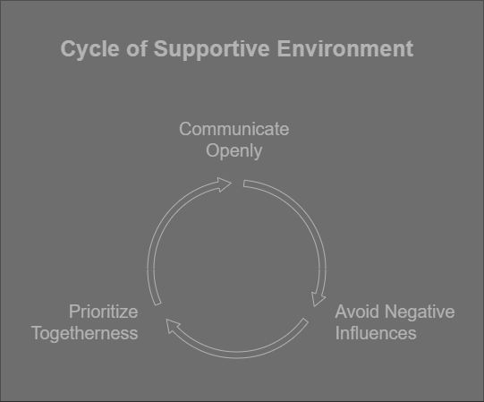 Cycle of Supportive Environment' with three key components arranged in a circular flowchart. The components are: 'Communicate Openly,' 'Avoid Negative Influences,' and 'Prioritize Togetherness.' Each component is connected by arrows, indicating a continuous and interdependent cycle. The image is relevant as it visually represents the essential elements needed to create and maintain a supportive environment, emphasizing the importance of open communication, avoiding negativity, and prioritizing unity.