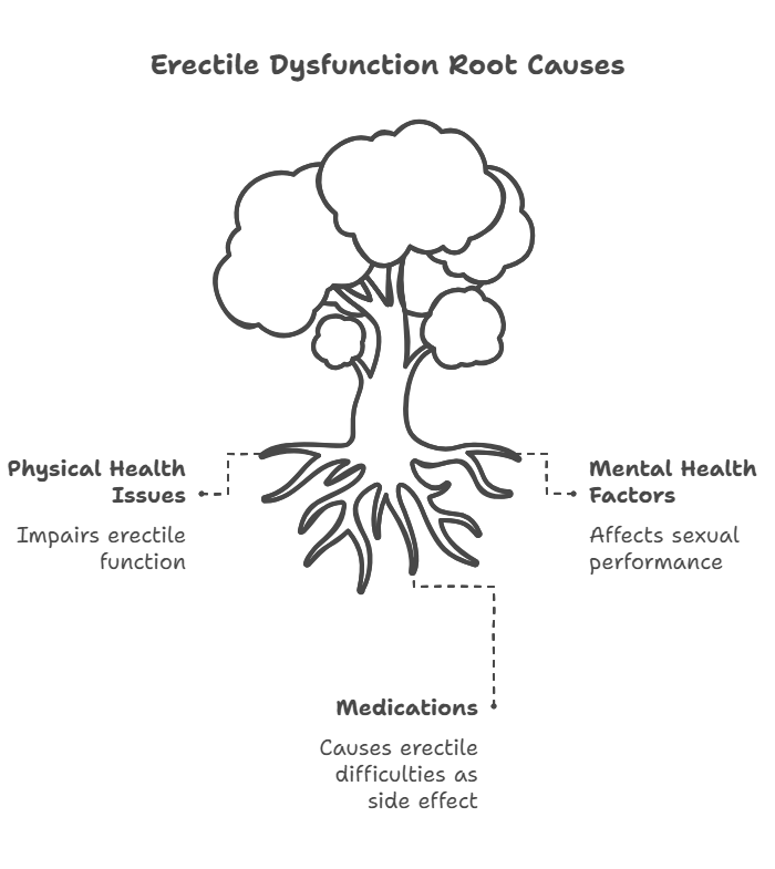 A minimalist illustration depicting the root causes of erectile dysfunction using the metaphor of a tree. The tree's roots represent three key contributing factors: "Physical Health Issues," which impair erectile function; "Mental Health Factors," which affect sexual performance; and "Medications," which may cause erectile difficulties as side effects. The design is simple and informative, aiming to visually explain complex medical topics in a clear, concise manner. 