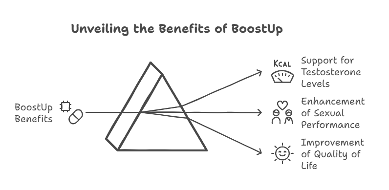 "The image titled 'Unveiling the Benefits of BoostUp' features a triangular diagram with three arrows pointing to different benefits of BoostUp. On the left side, there is an icon of a pill and the text 'BoostUp Benefits.' The three arrows point to the right, each leading to a different benefit. The first arrow points to an icon of a scale with 'KCAL' written on it, followed by the text 'Support for Testosterone Levels.' The second arrow points to an icon of a heart and two figures, followed by the text 'Enhancement of Sexual Performance.' The third arrow points to an icon of a sun, followed by the text 'Improvement of Quality of Life.'