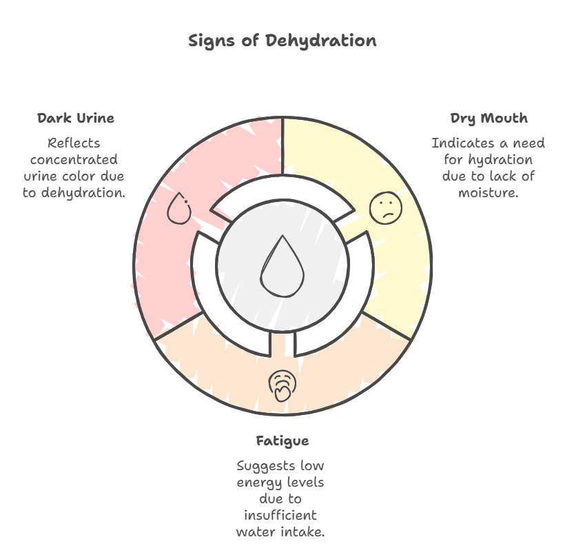  A visual infographic illustrating the key signs of dehydration, displayed within a circular diagram divided into three sections. Each segment highlights a specific symptom: dark urine reflecting concentrated color due to dehydration, dry mouth signaling a lack of moisture and the need for hydration, and fatigue indicating low energy levels caused by insufficient water intake. The design features soft pastel colors and minimalistic icons, making it informative and visually appealing for health education.