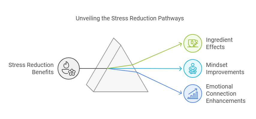 An informative diagram illustrating the pathways to stress reduction benefits. The image features a pyramid at the center with arrows extending outward to three key categories: 'Ingredient Effects' (represented by a green icon of a laboratory flask), 'Mindset Improvements' (depicted with a blue icon of a meditating figure), and 'Emotional Connection Enhancements' (symbolized by a blue icon of a graph with upward trends). The text 'Unveiling the Stress Reduction Pathways' is displayed at the top, emphasizing the focus on understanding multiple approaches to achieving stress relief.