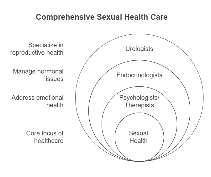 Diagram titled 'Comprehensive Sexual Health Care' featuring four concentric circles. The innermost circle is labeled 'Sexual Health,' followed by the second circle labeled 'Psychologists/Therapists,' the third circle labeled 'Endocrinologists,' and the outermost circle labeled 'Urologists.' To the left of the circles, there are phrases corresponding to each circle: 'Core focus of healthcare' aligns with 'Sexual Health,' 'Address emotional health' aligns with 'Psychologists/Therapists,' 'Manage hormonal issues' aligns with 'Endocrinologists,' and 'Specialize in reproductive health' aligns with 'Urologists.'