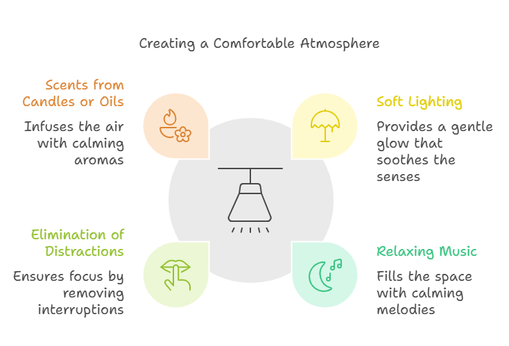 Creating a Comfortable Atmosphere. The image is divided into four sections, each with an icon and text. Top left: 'Scents from Candles or Oils' with an icon of a flower and a candle, text reads 'Infuses the air with calming aromas.' Top right: 'Soft Lighting' with an icon of a lamp, text reads 'Provides a gentle glow that soothes the senses.' Bottom left: 'Elimination of Distractions' with an icon of a crossed-out bell, text reads 'Ensures focus by removing interruptions.' Bottom right: 'Relaxing Music' with an icon of a musical note and a moon, text reads 'Fills the space with calming melodies.'