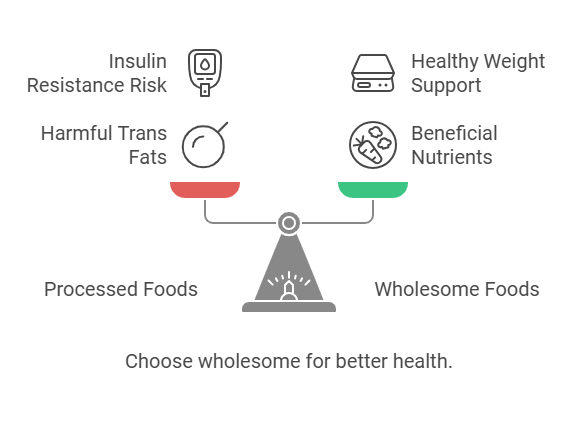 The image shows a balanced scale with two sides. On the left side, labeled 'Processed Foods,' there are icons representing 'Insulin Resistance Risk' and 'Harmful Trans Fats.' On the right side, labeled 'Wholesome Foods,' there are icons representing 'Healthy Weight Support' and 'Beneficial Nutrients.' The scale is tilted towards the right side, indicating a preference for wholesome foods. Below the scale, there is a caption that reads, 'Choose wholesome for better health.'