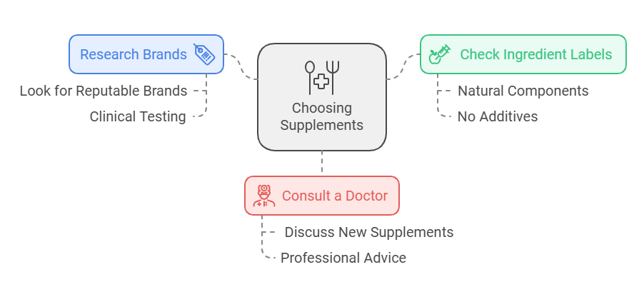 The image is a flowchart titled 'Choosing Supplements' with three main branches. The central box is labeled 'Choosing Supplements' and contains icons of a pill, a fork, and a knife. The three branches are: 'Research Brands' (blue box with a tag icon): Look for Reputable Brands Clinical Testing 'Check Ingredient Labels' (green box with a microscope icon): Natural Components No Additives 'Consult a Doctor' (red box with a doctor icon): Discuss New Supplements Professional Advice"