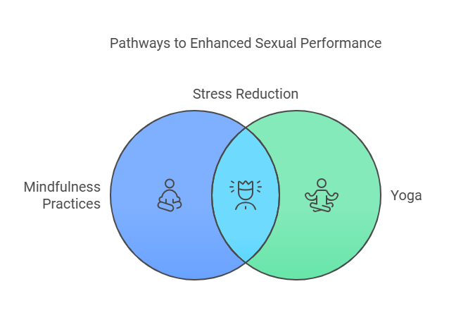 A Venn diagram titled 'Pathways to Enhanced Sexual Performance.' The diagram consists of two overlapping circles. The left circle is labeled 'Mindfulness Practices' and is colored blue, containing an icon of a person meditating. The right circle is labeled 'Yoga' and is colored green, containing an icon of a person in a yoga pose. The overlapping section of the circles is labeled 'Stress Reduction' and is colored light blue, containing an icon of a stressed face.