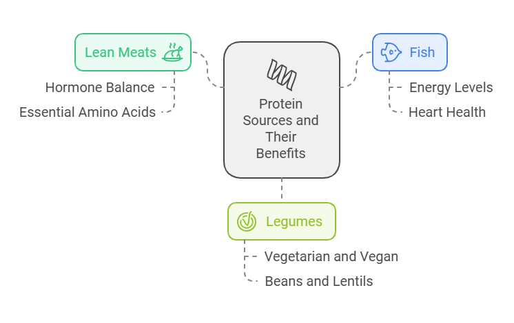 The image is a diagram titled 'Protein Sources and Their Benefits.' It is divided into three main categories: Lean Meats, Fish, and Legumes. Each category is connected to the central title with dashed lines. The 'Lean Meats' category is in a green box with an icon of a steaming plate. It lists the benefits as 'Hormone Balance' and 'Essential Amino Acids.' The 'Fish' category is in a blue box with an icon of a fish. It lists the benefits as 'Energy Levels' and 'Heart Health.' The 'Legumes' category is in a light green box with an icon of a checkmark. It lists the benefits as 'Vegetarian and Vegan' and 'Beans and Lentils.' The diagram visually organizes different protein sources and their associated benefits, making it easy to understand the advantages of each type of protein.