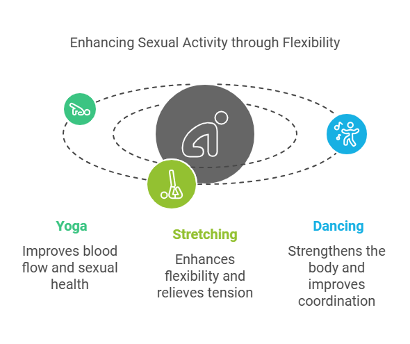 Infographic titled 'Enhancing Sexual Activity through Flexibility' features a central gray icon of a person stretching, surrounded by three smaller icons and descriptions. The green icon on the left represents yoga and states, 'Improves blood flow and sexual health.' The lime green icon at the bottom represents stretching and states, 'Enhances flexibility and relieves tension.' The blue icon on the right represents dancing and states, 'Strengthens the body and improves coordination.' The icons are connected by dotted lines, suggesting a relationship between these activities and enhanced sexual activity through improved flexibility.