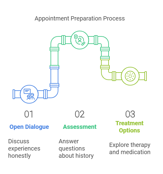 Flowchart titled 'Appointment Preparation Process' showing three steps connected by a pipeline graphic. Step 1: 'Open Dialogue' in blue with an icon of two people talking, text reads 'Discuss experiences honestly.' Step 2: 'Assessment' in green with an icon of a clipboard and magnifying glass, text reads 'Answer questions about history.' Step 3: 'Treatment Options' in yellow-green with an icon of a pill and therapy symbol, text reads 'Explore therapy and medication.'