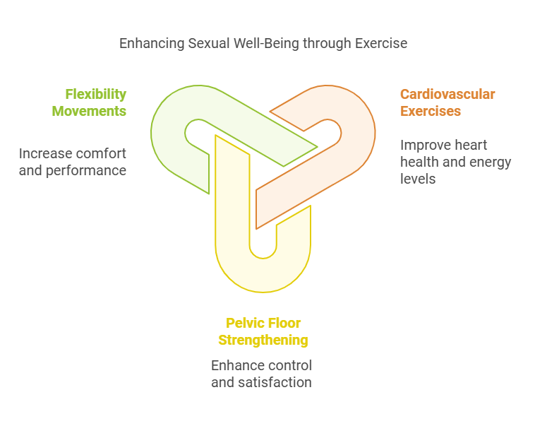 Infographic titled 'Enhancing Sexual Well-Being through Exercise' featuring a central interconnected symbol with three distinct sections. The top left section is labeled 'Flexibility Movements' in green, with the subtext 'Increase comfort and performance.' The top right section is labeled 'Cardiovascular Exercises' in orange, with the subtext 'Improve heart health and energy levels.' The bottom section is labeled 'Pelvic Floor Strengthening' in yellow, with the subtext 'Enhance control and satisfaction.' The infographic highlights the benefits of different types of exercises for improving sexual well-being.