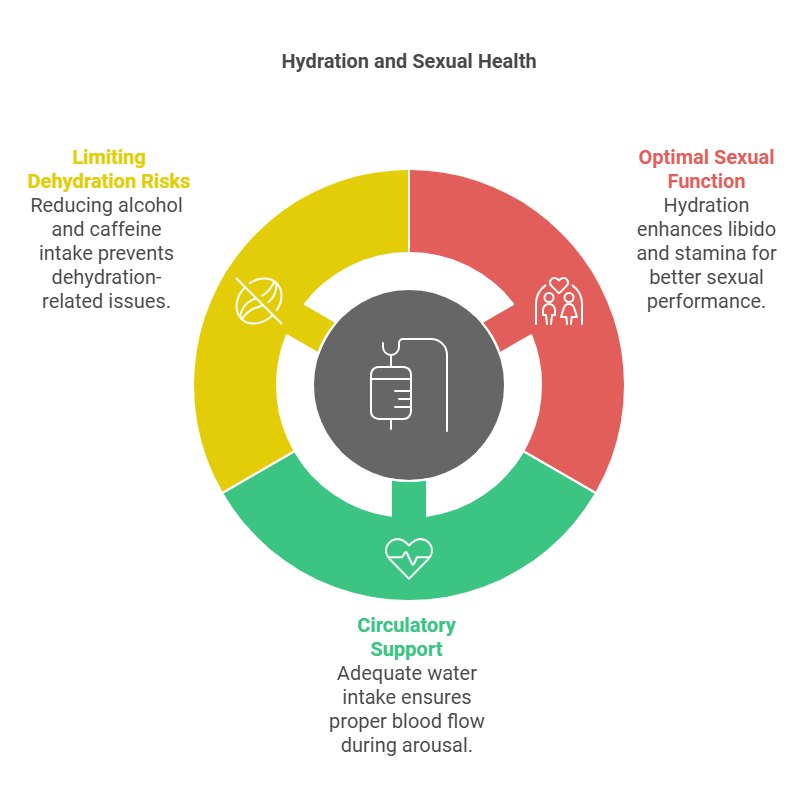 Infographic titled 'Hydration and Sexual Health.' The image is a circular diagram divided into three sections: The yellow section on the left, labeled 'Limiting Dehydration Risks,' states, 'Reducing alcohol and caffeine intake prevents dehydration-related issues.' It features an icon of a crossed-out drink. The red section on the right, labeled 'Optimal Sexual Function,' states, 'Hydration enhances libido and stamina for better sexual performance.' It includes an icon of a couple with hearts. The green section at the bottom, labeled 'Circulatory Support,' states, 'Adequate water intake ensures proper blood flow during arousal.' It displays an icon of a heart. In the center of the circle is a grey circle with an icon of an IV drip, symbolizing hydration.