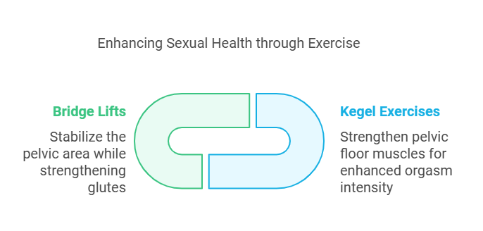 Illustration titled 'Enhancing Sexual Health through Exercise,' featuring two interconnected shapes. The left green section labeled 'Bridge Lifts' includes the text 'Stabilize the pelvic area while strengthening glutes.' The right blue section labeled 'Kegel Exercises' includes the text 'Strengthen pelvic floor muscles for enhanced orgasm intensity.