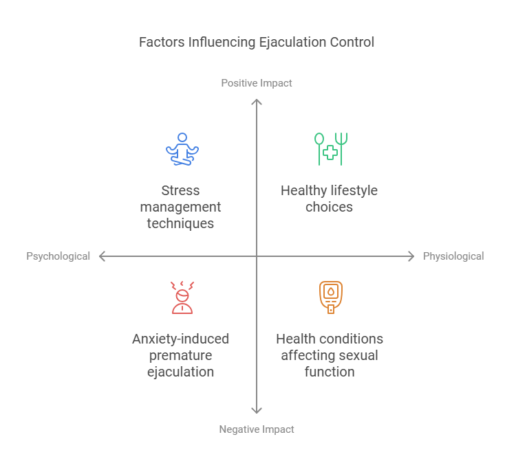 The image is a quadrant chart titled 'Factors Influencing Ejaculation Control.' The chart is divided into four sections based on two axes: the horizontal axis represents the spectrum from Psychological to Physiological factors, and the vertical axis represents the spectrum from Positive Impact to Negative Impact. The top-left quadrant (Psychological, Positive Impact) features an icon of a person meditating and is labeled 'Stress management techniques.' The top-right quadrant (Physiological, Positive Impact) features an icon of utensils and a medical cross and is labeled 'Healthy lifestyle choices.' The bottom-left quadrant (Psychological, Negative Impact) features an icon of a stressed person and is labeled 'Anxiety-induced premature ejaculation.' The bottom-right quadrant (Physiological, Negative Impact) features an icon of a medical device and is labeled 'Health conditions affecting sexual function.'
