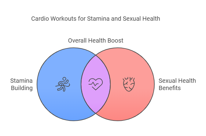 A Venn diagram titled 'Cardio Workouts for Stamina and Sexual Health' is shown. The diagram consists of two overlapping circles. The left circle is blue and labeled 'Stamina Building' with an icon of a running person. The right circle is red and labeled 'Sexual Health Benefits' with an icon of a heart with a pulse line. The overlapping section in the middle is purple and labeled 'Overall Health Boost' with an icon of a heart.